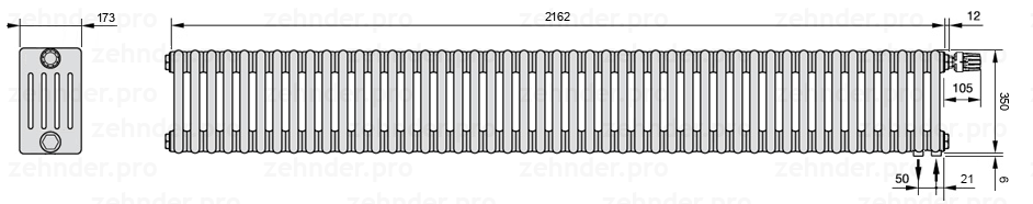 Схема (чертеж) Радиатор Zehnder Charleston 5035/47 №V002 Белый глянцевый RAL 9016
